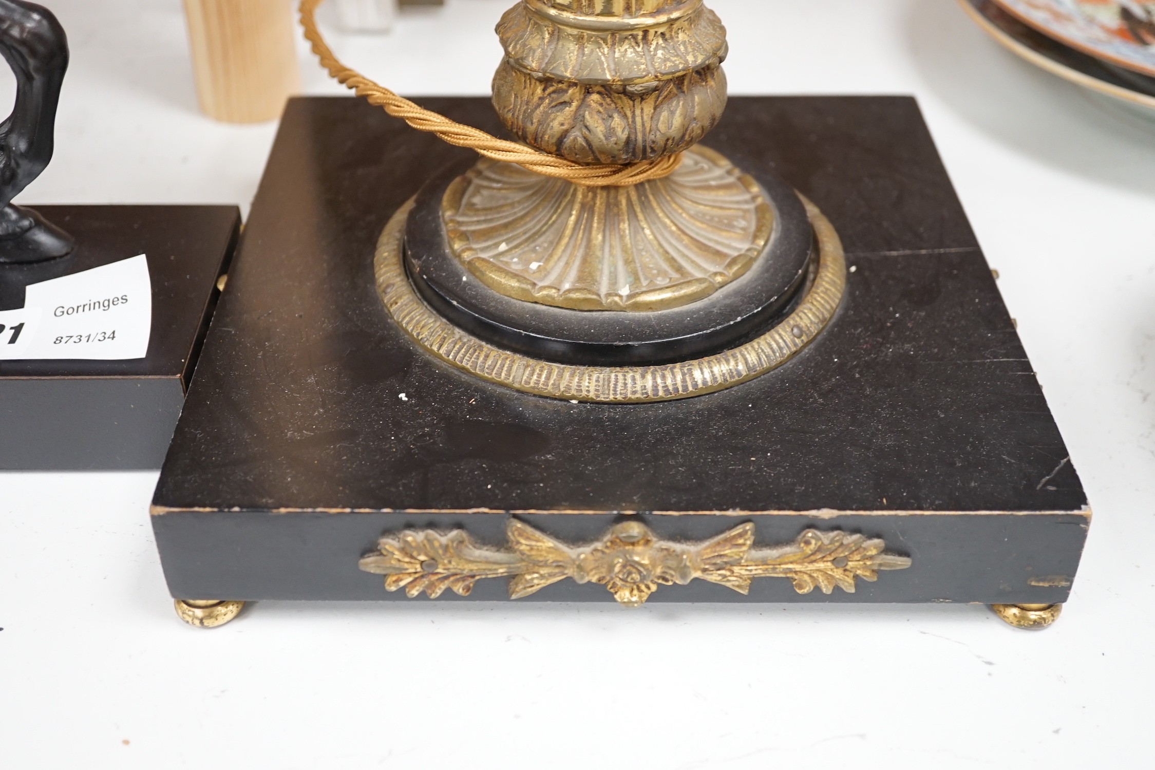 A reproduction bronzed figure of a horse, together with a column desk lamp, 53cm tall excl. light fighting